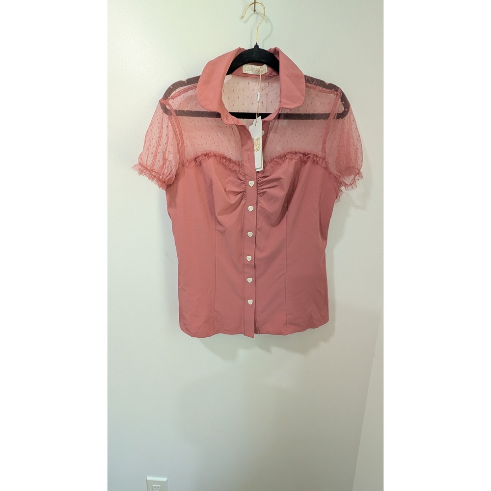 Belle Poque Pink Y2K Retro Swiss Dot Mesh Blouse Heart Button Short Sleeve Top L